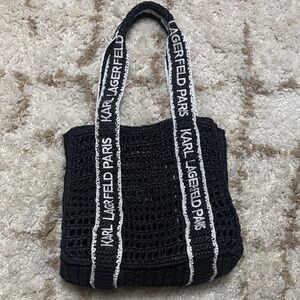 Karl Lagerfeld Tote Bag Purse Black Antibes Straw Tote Large Handles Logo